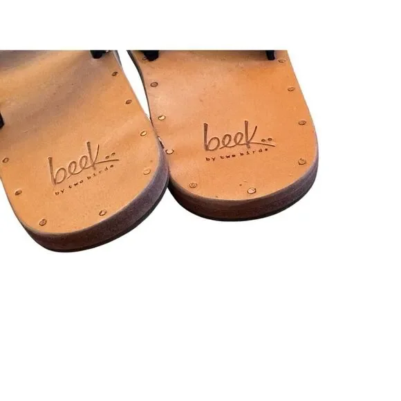 "BEEK Handmade Leather Sandals Size 6 Black Ruffled Straps Floor Sample NWOT" - Picture 3 of 7